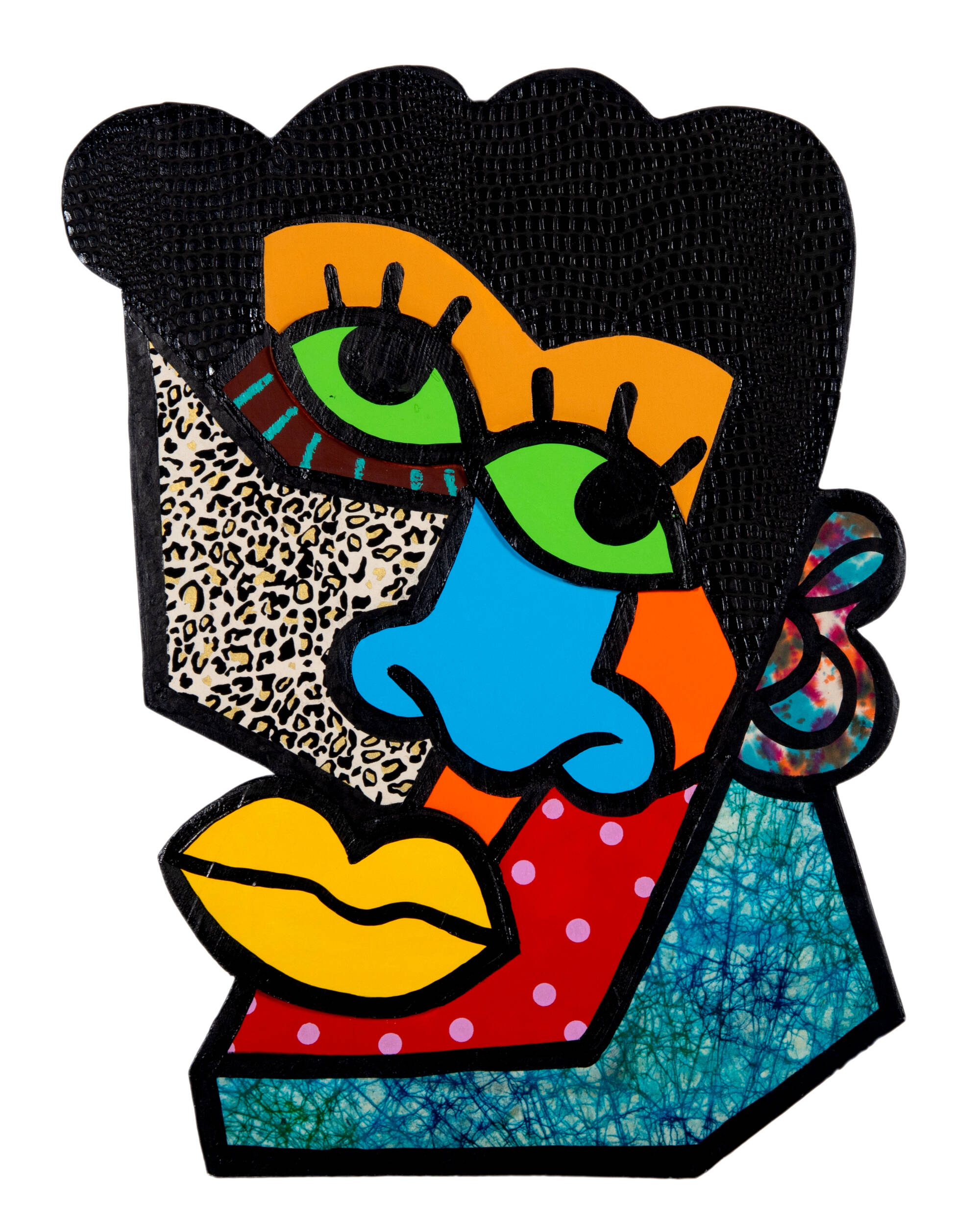 Cut wood in the shape of an abstracted face. Individual facial feature, like the nose, lips and ear, are different colors, textures and patterned.
